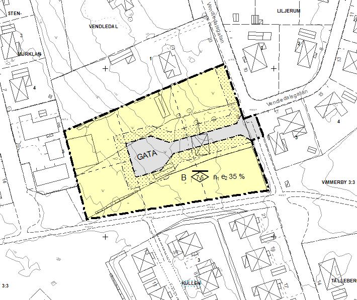 24 (24) Kvartersmark Ett antal avstyckningar möjliggörs vid antagande av detaljplanen, se illustration nedan för alternativ med friliggande villor. Utdrag ur plankartan.