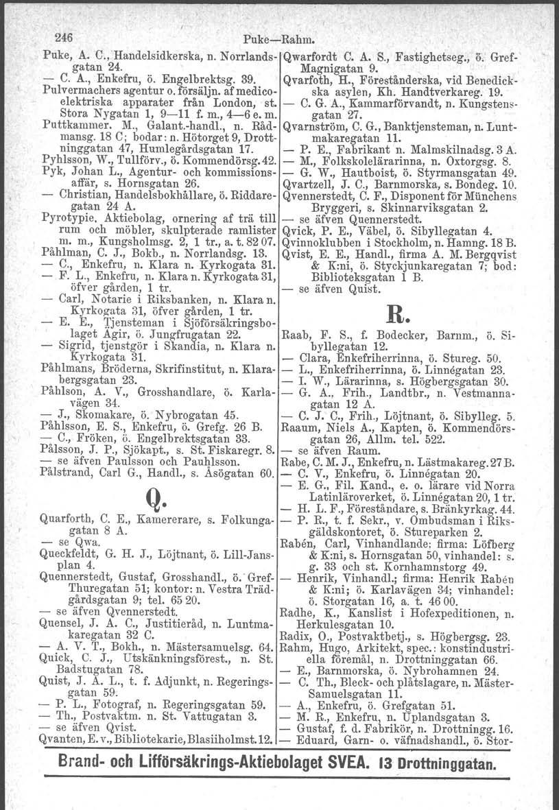 246 Puke-Rahm. Puke, A. C., Handelsidkerska, n. Norrlands- Qwarfordt C. A. S., Fastighetseg., o.' Grefgatan 24. Magnigatan 9. - C. A., Enkefru, ö. Engelbrektsg. 39. Qvarfoth, H.