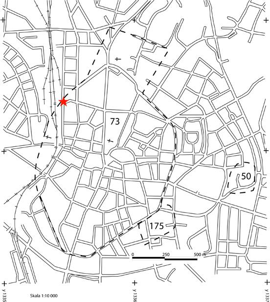 Figur 1. Lunds medeltida stadsområde, fornlämning 73, med platserna för undersökningen markerade med röda stjärnor.