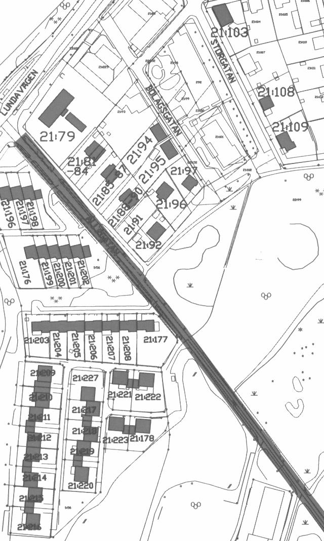 Upprättad 2006-08-23, Antagen 2006-11-20 (KF 103/06), Laga kraft 2006-12-21 Område 1, Sockerbruksområdet, södra delen. I illustrationen är berörda byggnader/fastigheter markerade med en mörkare ton.