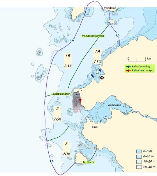 Figur 5.10. Det totala område vid Ringhals som påverkas av minst 1 grads övertemperatur om resultaten från SMHI:s mätningar läggs samman.