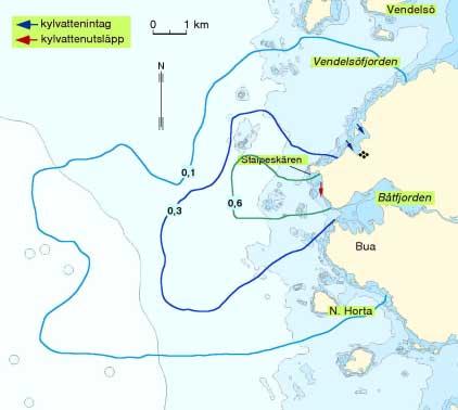 5.6 Storskalig utbredning av kylvatten I de flesta lägen, där man släpper ut kylvatten, kommer kylvattenplymen att byta utbredningsriktning då och då beroende på de ström- och vindförhållanden, som