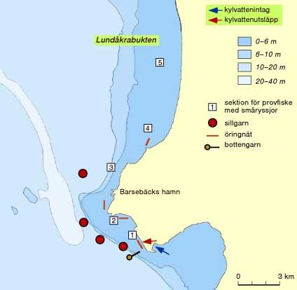 Figur 7.23. Provfiskestationer. (Sjöfartsverkets K-Bas.) Bottenlevande fiskars reaktioner i förhållande till kylvattnet har undersökts med hjälp av småryssjor på 2 4 m djup i fem områden (figur 7.