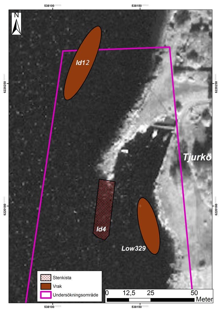 Figur 9. Kartan visar den ungefärliga utbredningen på sten kistan (ID4). Kartan visar även de ungefärliga vrakområdena för ID12 och Low 329. Källa: Esri.
