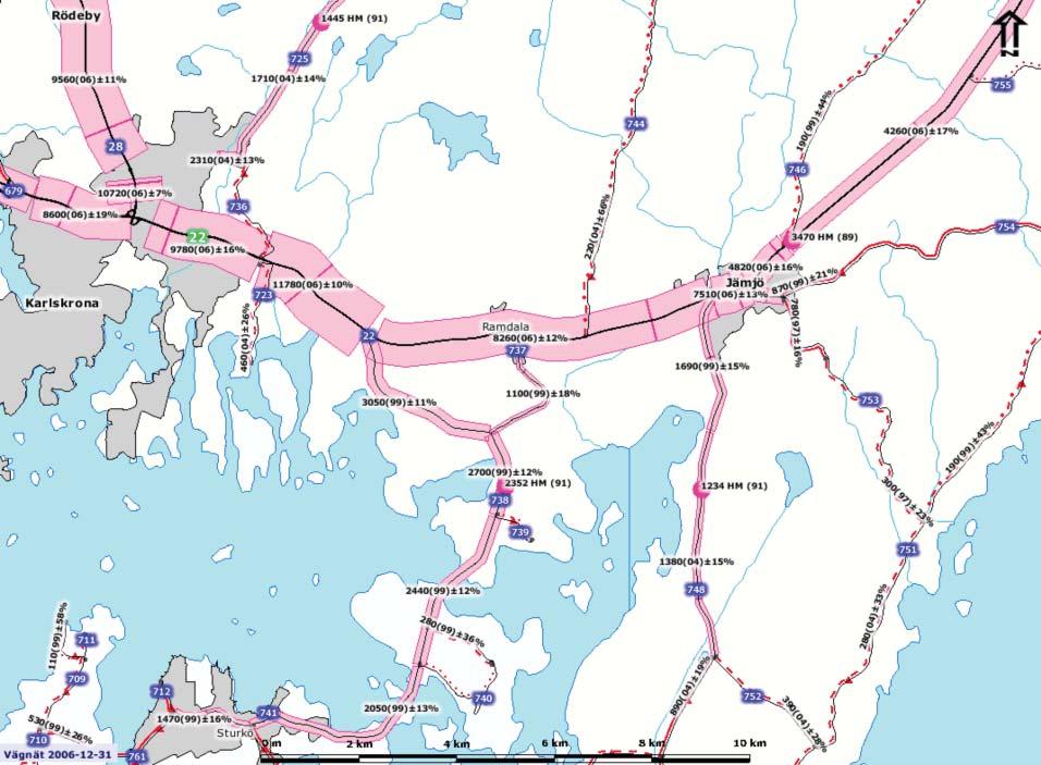 2. FÖRUTSÄTTNINGAR Årsdygnstrafi k på E22 och anslutande vägar år 2006 (Bild från Vägverkets hemsida).