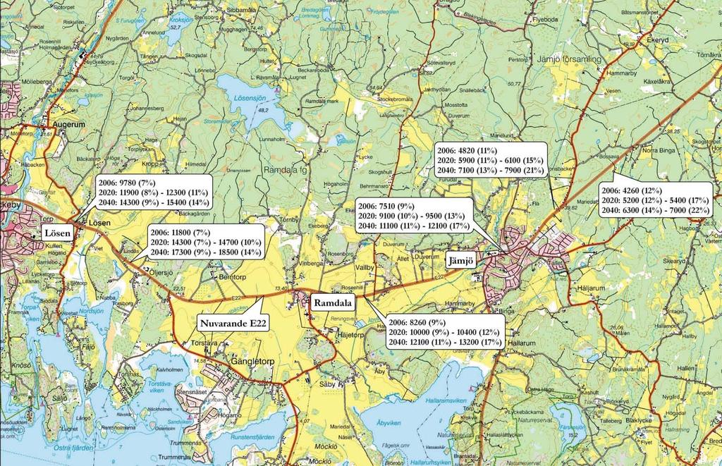 2. FÖRUTSÄTTNINGAR Årsmedeldygnstrafi k på E22 med andel tung trafi k år 2006, 2020 och 2040.