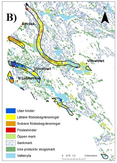 för lav med åtgärd inom hela försöksområdet B) framkomlighet inom flyttleder inom försöksområdet. Figure 7.