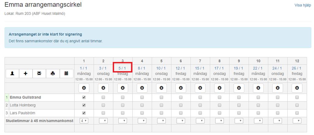 -Redigera sammankomster (ändra dag, tid, ta bort sammankomst) genom att klicka på datumet för den sammankomst du vill ändra.