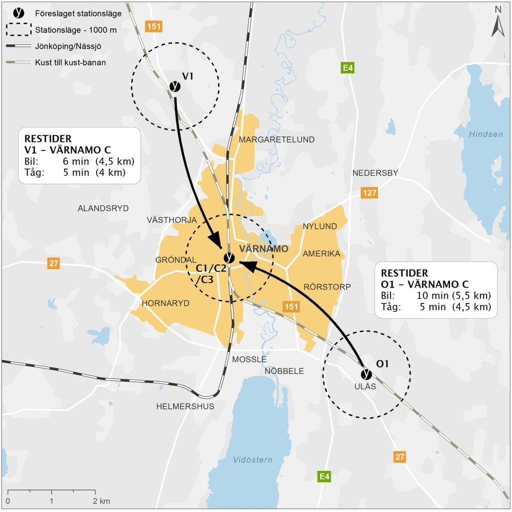 7.3.2. Samhällsutveckling Alternativ V1 Väst Björnkällan Med en station i ett relativt perifert läge minskar infrastrukturens betydelse ur stadsutvecklingssynpunkt.