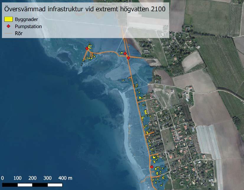 Figur 5-4 Översvämmad infrastruktur vid Stora Hults strand vid ett extremt årshögvatten år