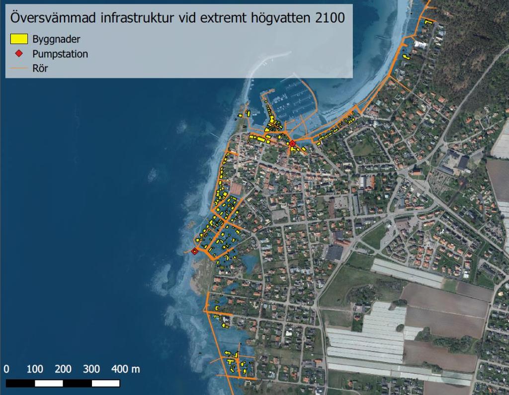 Figur 5-8 Översvämmad infrastruktur i Torekov vid ett extremt högvatten år 2100 (+3,4