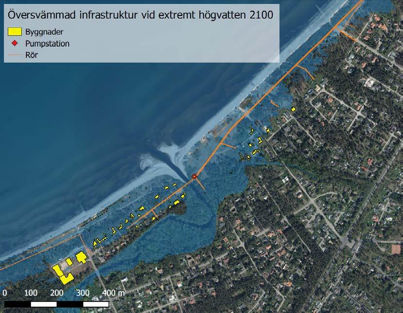 Figur 5-12 Översvämmad infrastruktur vid Hemmeslövsstrand vid ett extremt högvatten år 2100