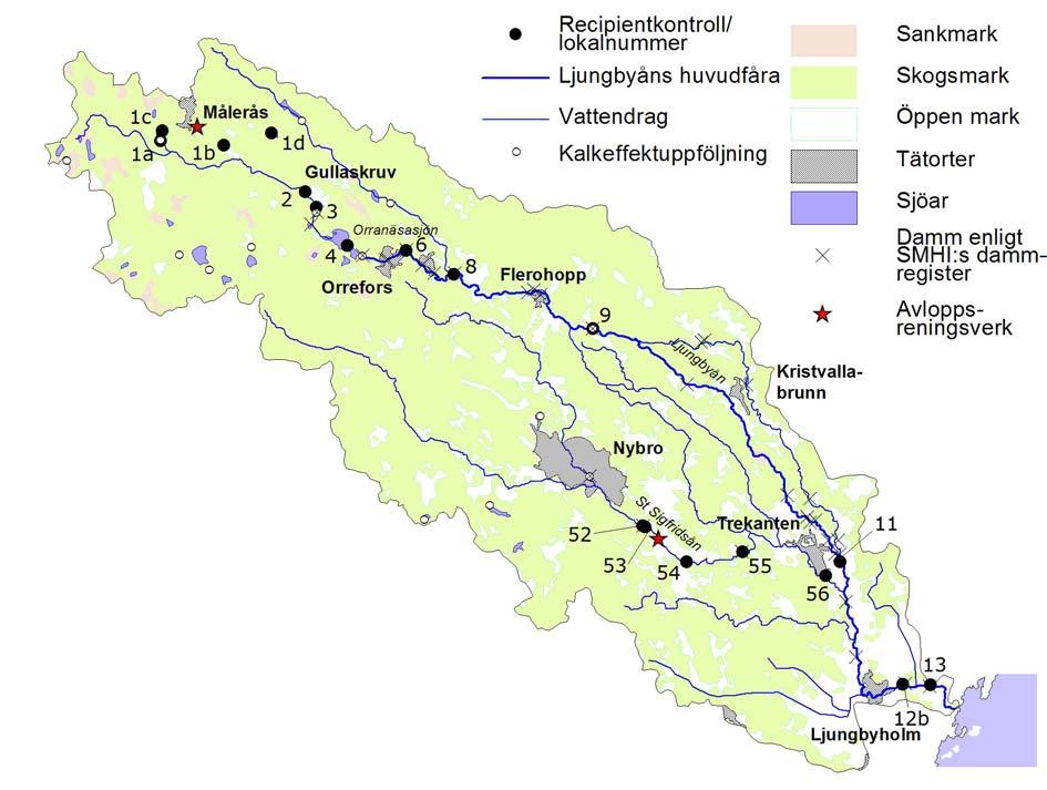 LJUNGBYÅN 2011 Bakgrund och Metodik Karta 1. Ljungbyåns avrinningsområde med aktuella provtagningslokaler. Lantmäteriverket Gävle 2012. Medgivande I 2012/00035. Tabell 1.