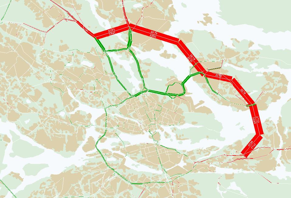 Figur 6 Ökning och minskning av trafikflöden kl.7-8, F1 jämfört med 0-alt år 2030. F1 är en förlängning av FL till E18 vid Mörby och till E4 norr om Bergshamraleden.