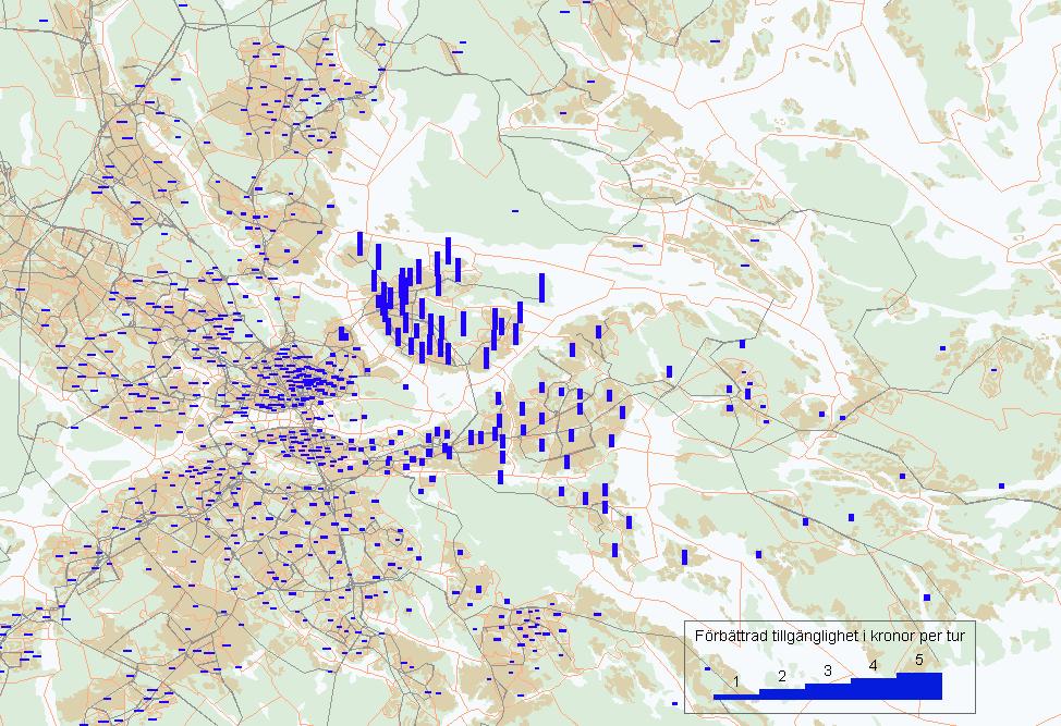 Figur 15 Förändring av tillgängligheten per tur och returresa efter startområde år 2030 med alternativ FL.