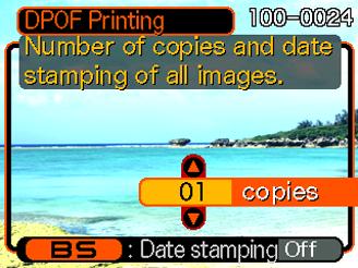 UTSKRIFT Inställning av utskrift för alla bilder 1. Aktivera läget PLAY och tryck på [MENU]. 2. EX-Z7: Uppvisa rutan PLAY, välj DPOF Printing och tryck sedan på [ ].