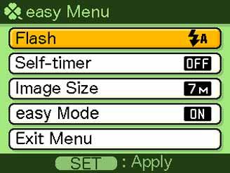 GRUNDLÄGGANDE BILDINSPELNING Användning av menyn easy Menyn easy innehåller inställning av blixt, självutlösare och bildstorlek samt en post för att lämna läget easy.