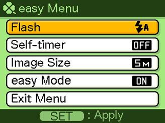 GRUNDLÄGGANDE BILDINSPELNING Användning av menyn för läget easy I läget easy är menyn begränsad till inställningarna för blixt, självutlösare, bildstorlek och inställningar för läget easy.