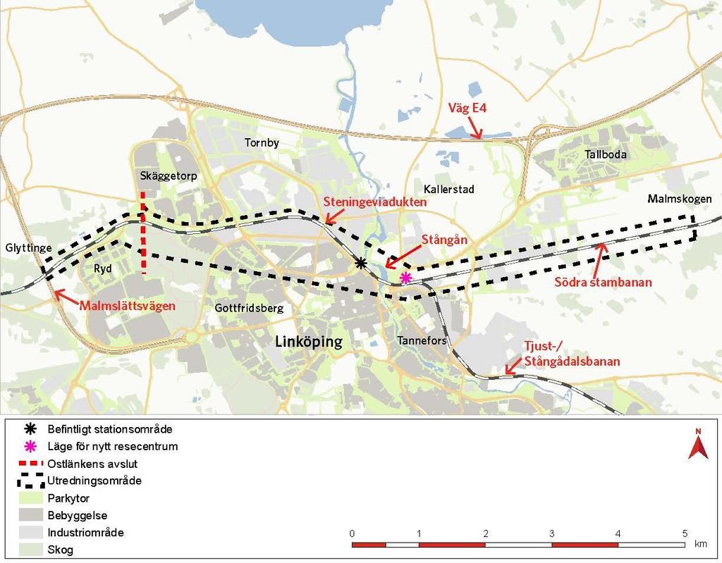 1.2 Korridorförslag Kompletteringen till järnvägsutredning Ostlänken har studerat fyra olika korridorförslag genom centrala Linköping, se rapporten Komplettering till järnvägsutredning Ostlänken