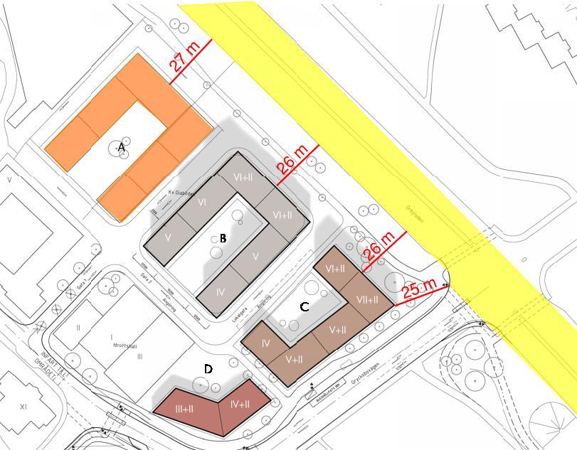 Planerad bebyggelse på Diabilden kommer att uppföras mellan ca 25-27 meter från Örbyleden, se figur 5.
