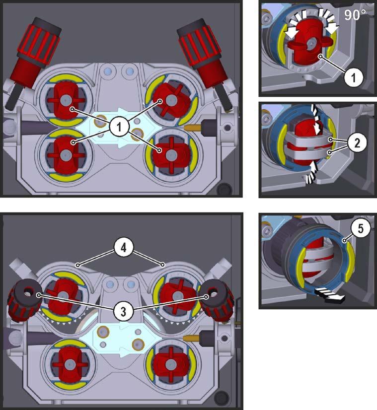 MIG/MAG-svetsning 5.9.2.3 Byt trådmatningsrullar Pos. Symbol Beskrivning 0 Bild. 5.10 1 Vred Med vredet fixeras låsbygeln till trådmatningsrullarna.