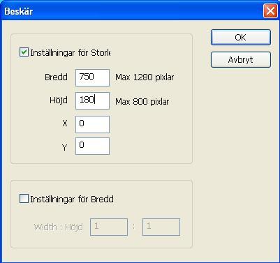 6. Fyll i Bredd och Höjd, som bilden nedan visar. Klicka sedan på OK 7.