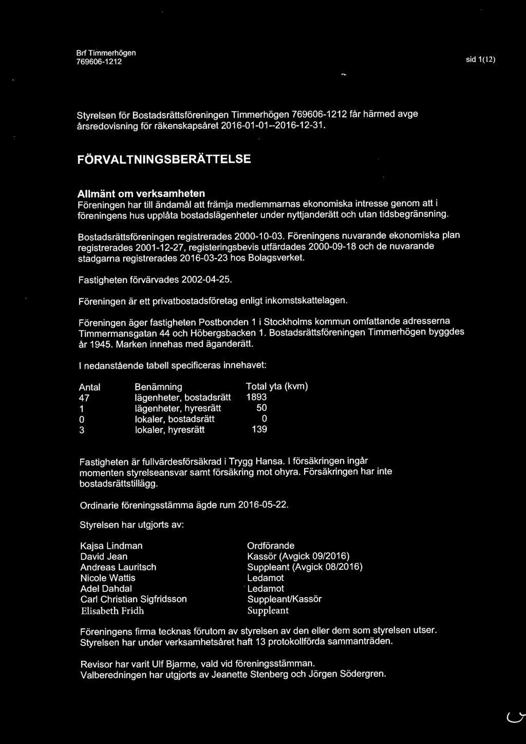 nyttjanderätt och utan tidsbegränsning. Bostadsrättsföreningen registrerades 2000-10-03.