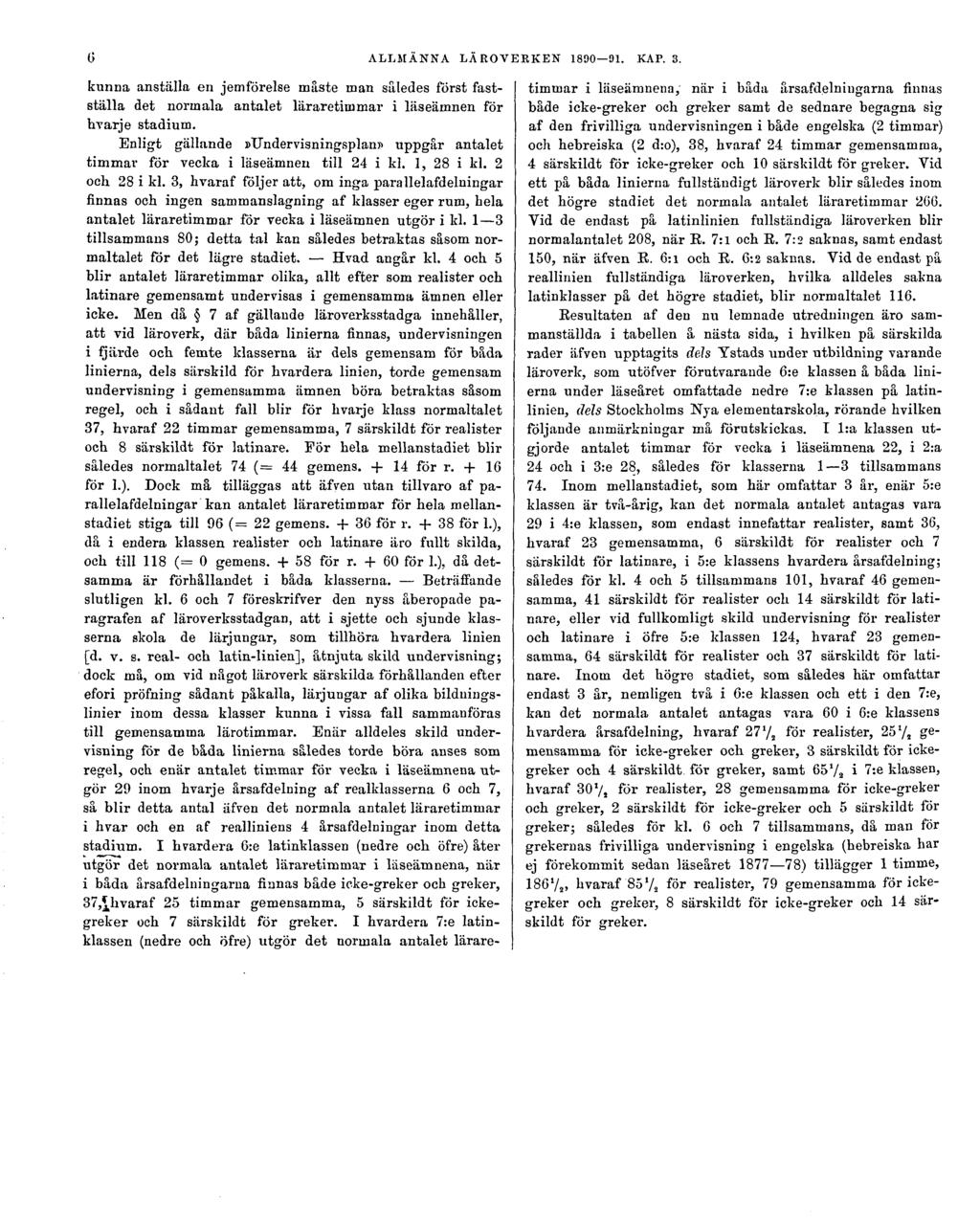 6 ALLMÄNNA LÄROVERKEN 1890 91. KAP. 3. kunna anställa en jemförelse måste man således först fastställa det normala antalet läraretimmar i läseämnen för hvarje stadium.