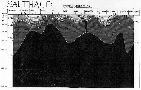 ANNA HEIWALL Fig. 2 Salthaltens variation på olika djup i Kosterfjorden 1981. Ur diagrammet har jag utläst att salthalten är minst 34 promille året runt på ett djup av 100 meter eller mer.