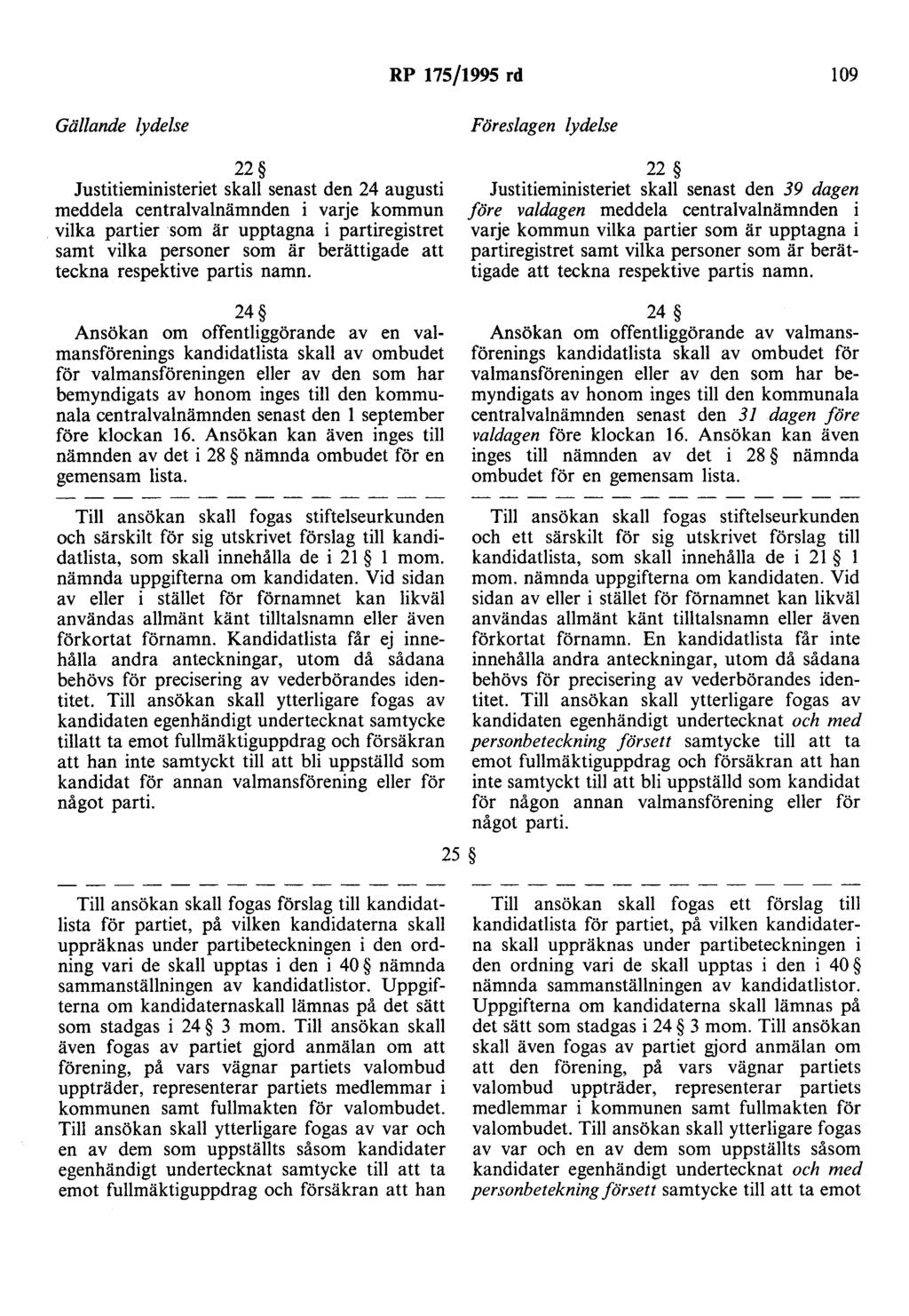 RP 175/1995 rd 109 22 Justitieministeriet skall senast den 24 augusti meddela centralvalnämnden i varje kommun vilka partier som är upptagna i partiregistret samt vilka personer som är berättigade