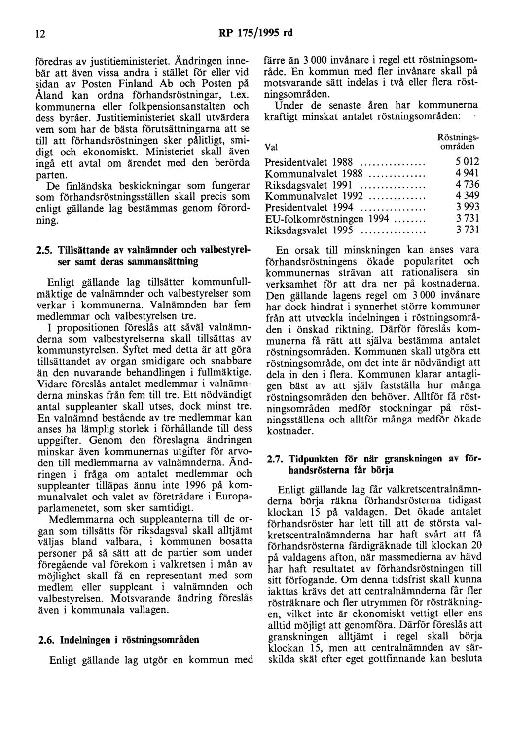 12 RP 175/1995 rd föredras av justitieministeriet. Ändringen innebär att även vissa andra i stället för eller vid sidan av Posten Finland Ab och Posten på Åland kan ordna förhandsröstningar, t.ex.