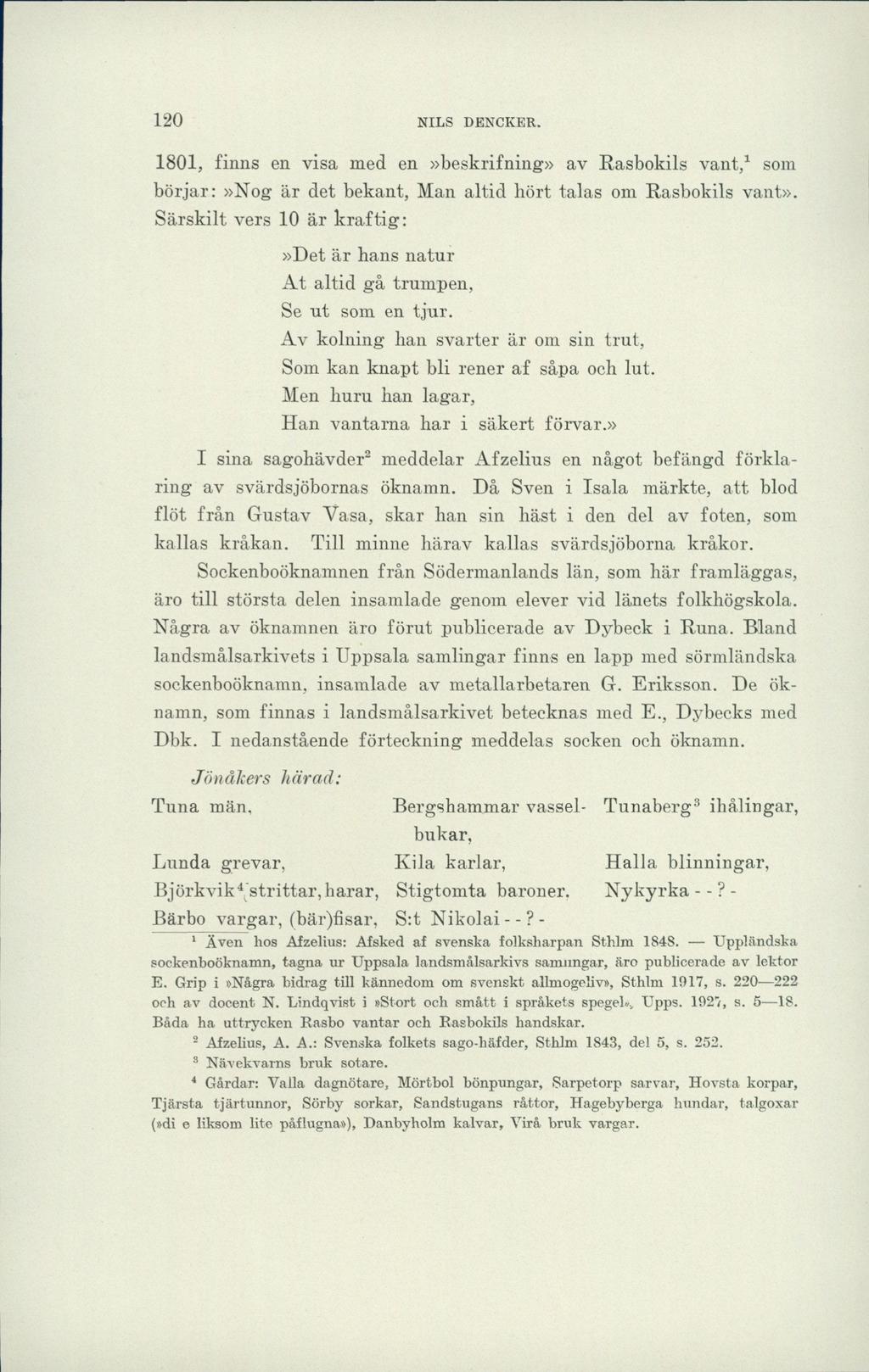 120 NILS DENCKER. 1801, finns en visa med en»beskrifning» av Rasbokils vant,1 som börjar:»nog är det bekant, Man altid hört talas om Rasbokils vant».