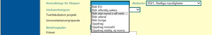 Motpart är inget obligatoriskt fält, men mycket viktigt att kontrollera så att motparten blir korrekt för att fakturorna/rekvisitionerna ska hamna rätt. Det är motparten som styr mottagaradressen.