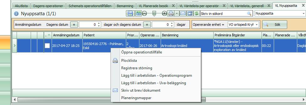 Välj aktuell opererande enhet och de dagar du är intresserad av genom att fylla i rutan vid dagens datum. Väljer du att ha 0 (noll) i fälten kommer dagens anmälda patienter att synas i listan.