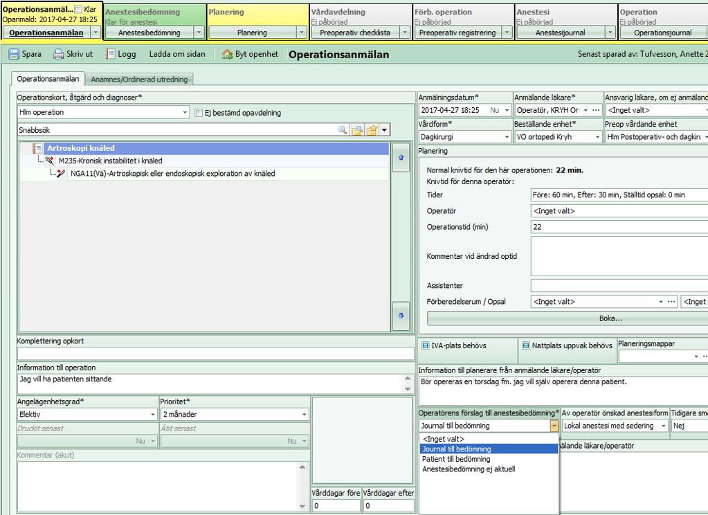 Första fliken är en kopia av Operationsanmälan.