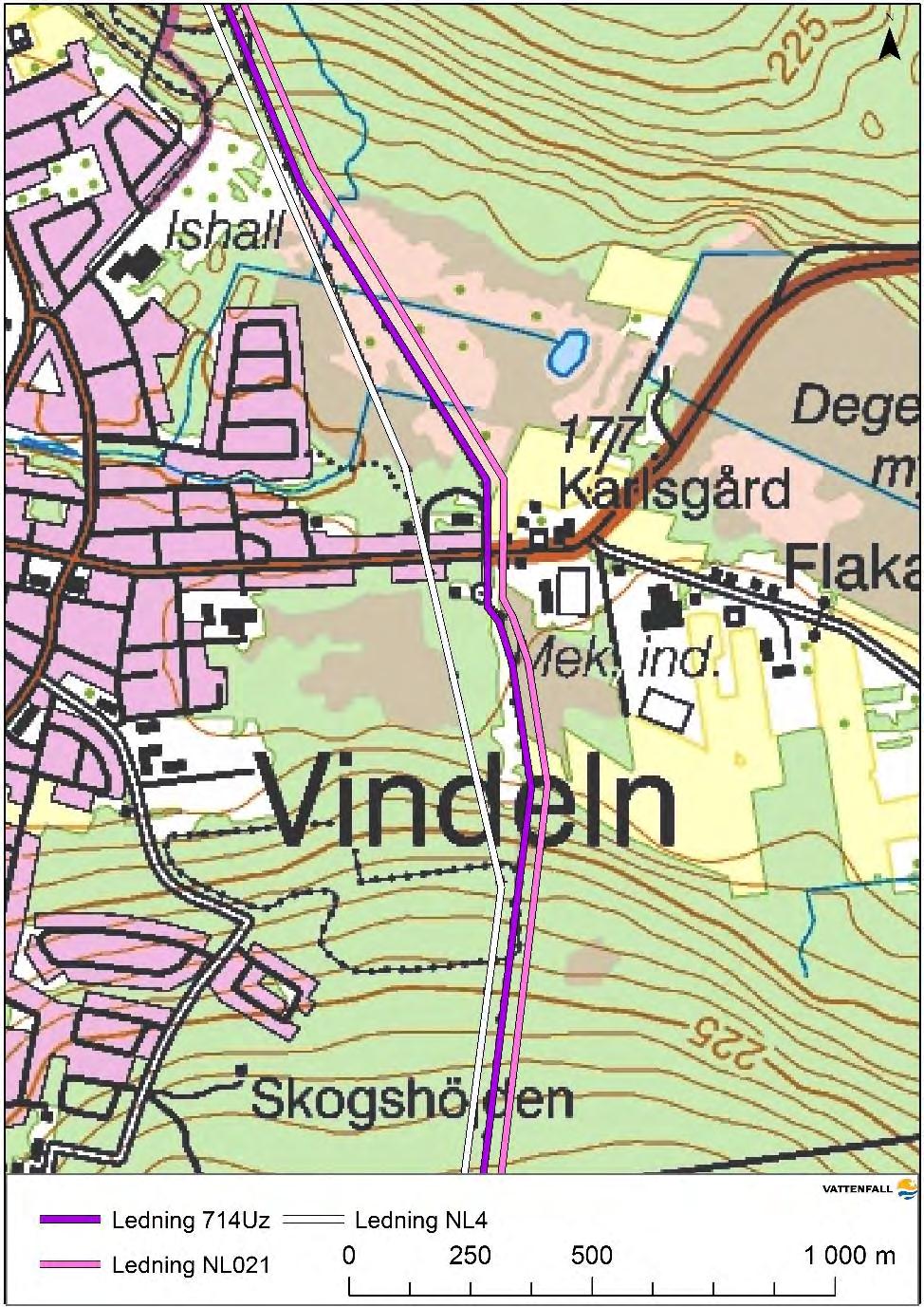 Figur 1. Kartan visar antalet ledningar förbi Karlsgårdsvägen, Vindelns kommun 2. Elledningar inklusive ledningsgata är avsedd för eldistribution.