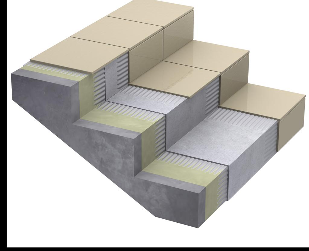➀ betongunderlag ➁ 4180 primer ➂ z-fix excellent/4630 aqua-flex ➃ 4840 silent step stegljuds matta (släta sida uppåt) ➄ flexband ➅ 3690 one-seal ➆ z-fix