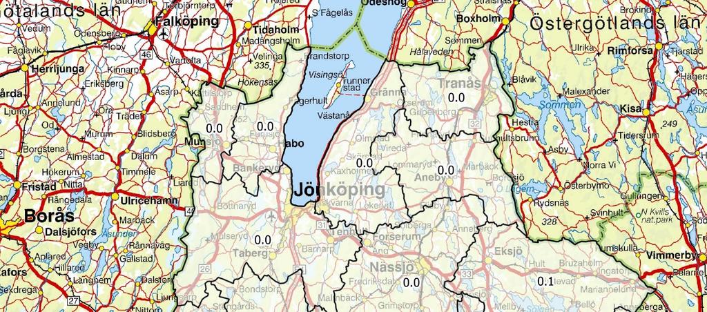 Figur. Avskjutning av kronvilt per 1000 hektar för respektive krets i Jönköpings län 2017/2018.