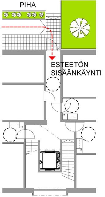Planritning: I till exempel townhouse-hus ordnas en tillgänglig entré både från parkeringshallen och gatan med hjälp av en genomgående hiss. 1.