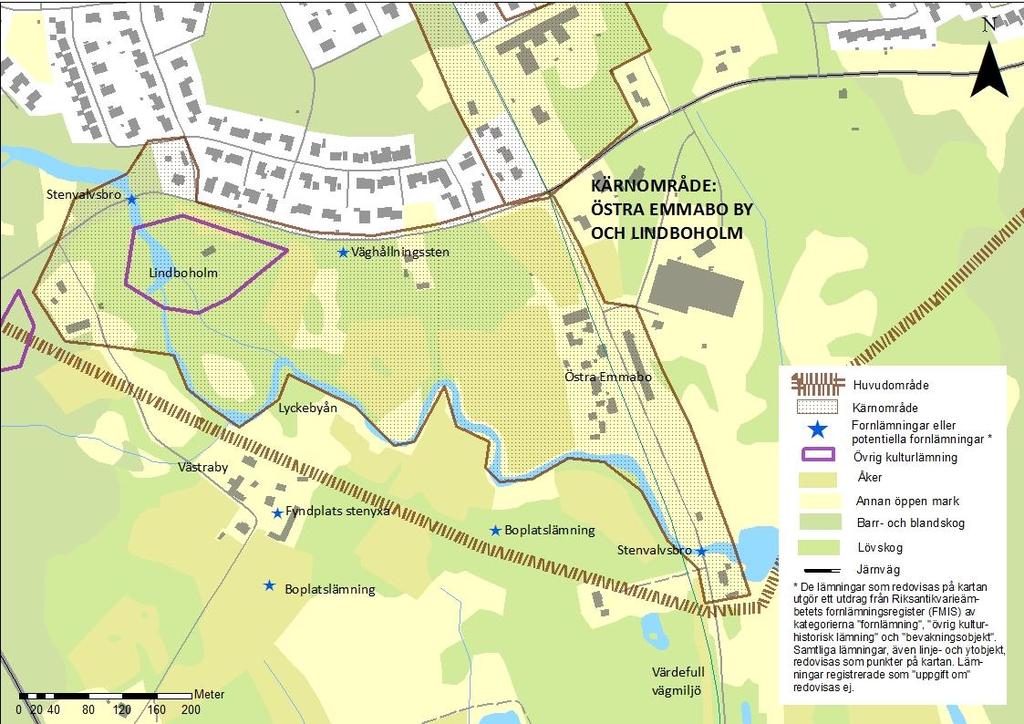 Karta över kärnområdet Östra Emmabo by och Lindboholm.