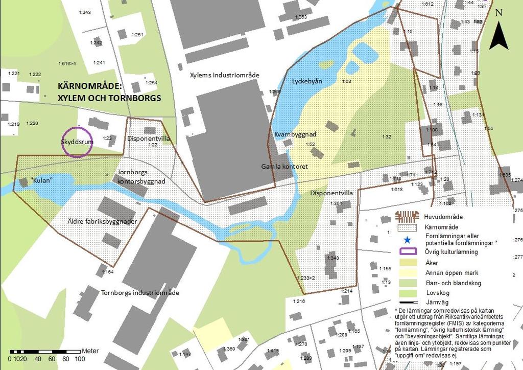 Karta över kärnområdet Xylem Tornborgs. Kärnområde Xylem Tornborgs Klass 1 Kärnområdet Xylem Tornborgs bildas kring de äldsta delarna av det stora industriområdet utmed Lyckebyån i centrala Lindås.