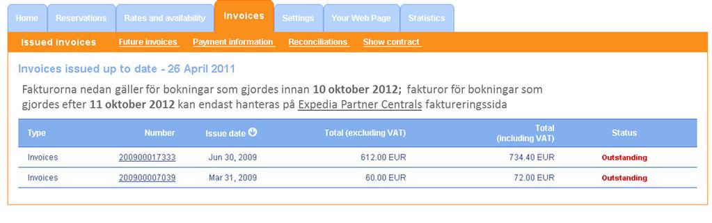 Stäm av bokningar som gjordes innan övergången till ETP, om det behövs, samt se och betala fakturor på fliken Fakturor: Du kommer fortsätta att få fakturor från Venere till dess att alla dina