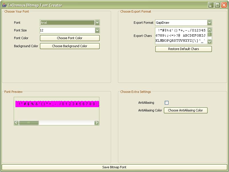 BITMAP FONT CREATOR Ett program skrivet i Java som låter användaren skapa bitmapfonter och exportera dem till olika format.