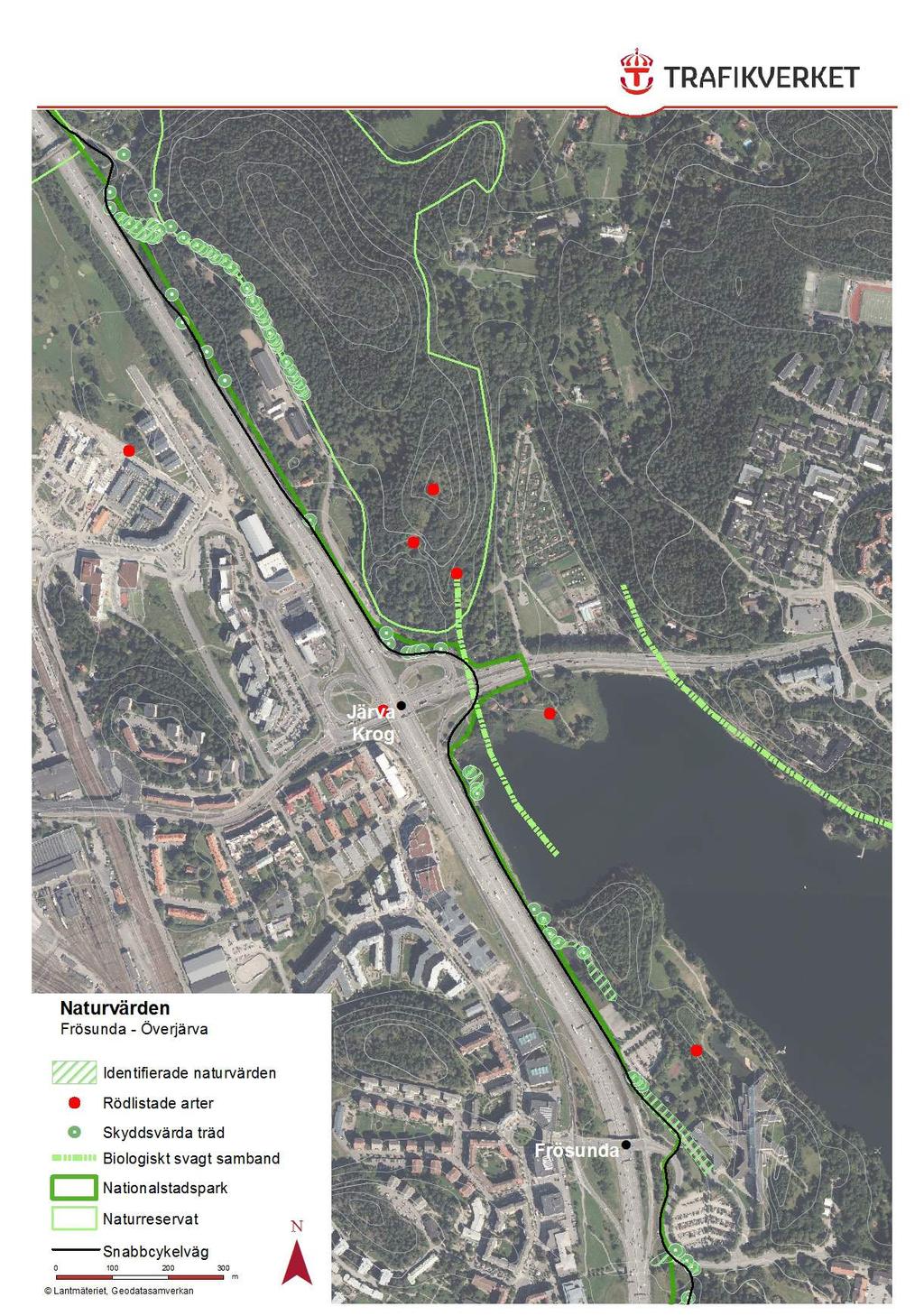 Befintligt buskage -skyddande visuell barriär från E4 Ulriksdal Örtrik gräsmark, spridningsvärde Bergshamra Biologiskt svagt samband mellan Hagaparken och Norra Begravningsplatsen Skyddsvärda träd