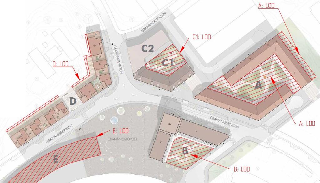 4.5.1 Placering av LOD-anläggningar. Bilden nedan beskriver vart den lokala omhändertagningen av dagvatten kommer att ske. Se figur 4.