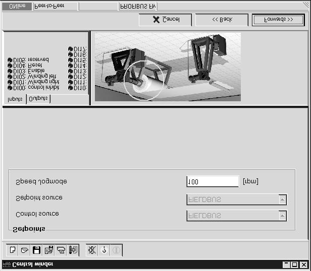 Start av programmet "Central winder" I Börvärden Bild : Inställning av börvärden 88AEN Styrkälla och börvärdeskälla Styrkälla och börvärdeskälla: Vid busstyrning väljs automatiskt "FIELDBUS"