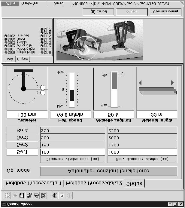 I Automatisk drift, konstant banspänning.9 Automatisk drift, konstant banspänning DIØ (PO:8) = "" och DI (PO:9) = "" DIØ = "" = Start automatisk drift, lindning höger.