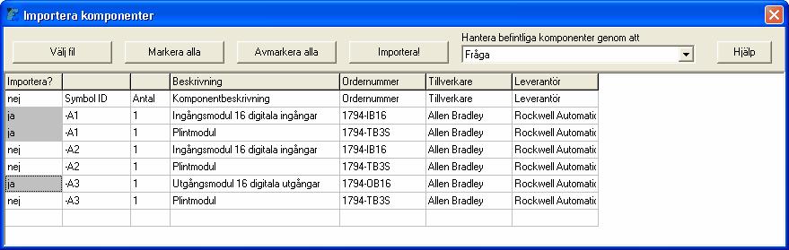 166 10.8 Elwin användarehandbok Importera komponenter Denna dialogboxen importerar komponenter till databasens komponenter.