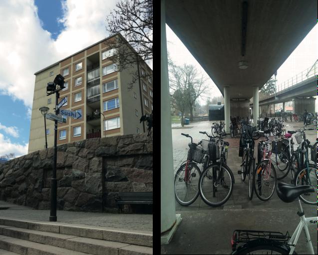 Figur 8: Varierande utbud av skyltar vid Kärrtorpsplan. Foto av Sophie Linderoth Figur 9: Rörig cykelparkering under tunnelbanespåren vid tunnelbaneentrén.