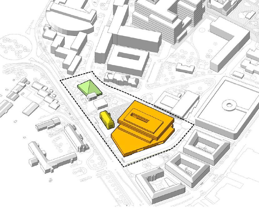 6 (19) Bild till vänster visar berörda byggnader: nytt bårhus (ljusgrön), befintlig by 50 (gul) och ny servicebyggnad (orange).